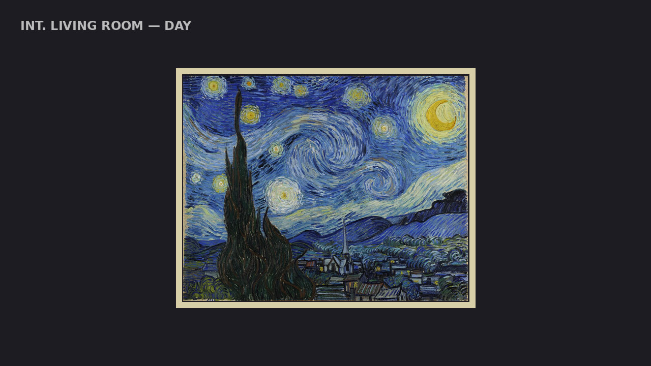Living room scene with a framed Starry Night
